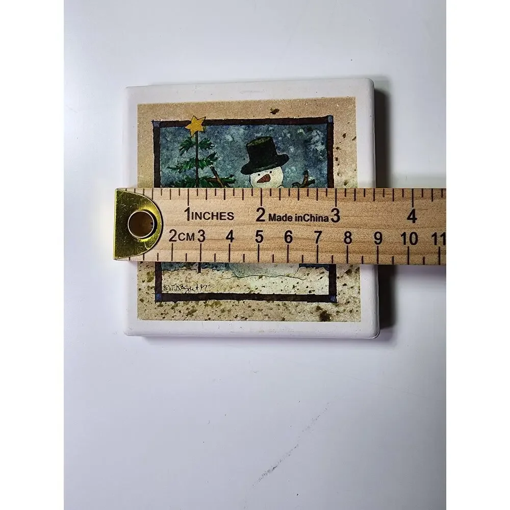 Winter Rustic SNOWMAN Absorbent Coaster Cork Backing Set of 4 with box - Picture 4 of 5